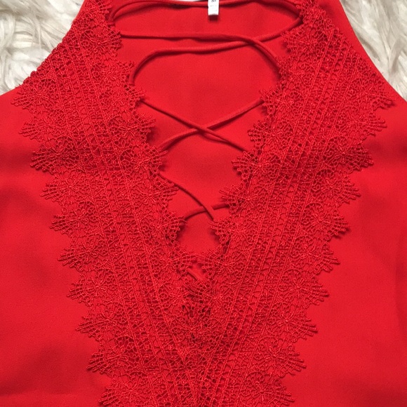 WAYF Red Lace Up Camisole Tank with Lace Detail - Picture 2 of 6